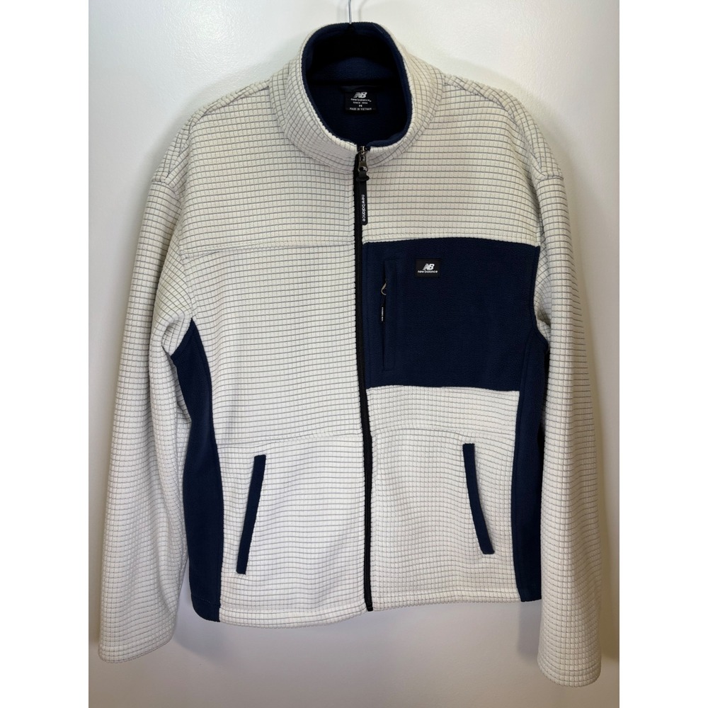 New Balance Mens Full Zip Fleece Jacket White Navy Waffle Grid‎ Mock Neck Size M
